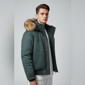 The Kooples Forest Green Puffer Jacket with Fur Trim